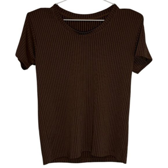 ribbed short sleeve top and wide leg pants lounge set brown women's - Picture 2 of 5